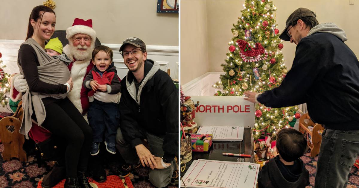 family sits with Santa on the left, dad and son mail letter to Santa on the right