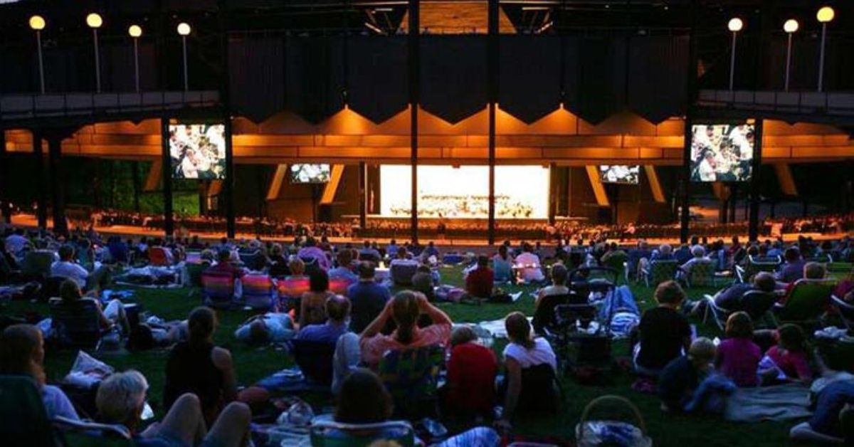 people sitting on lawn watching concert