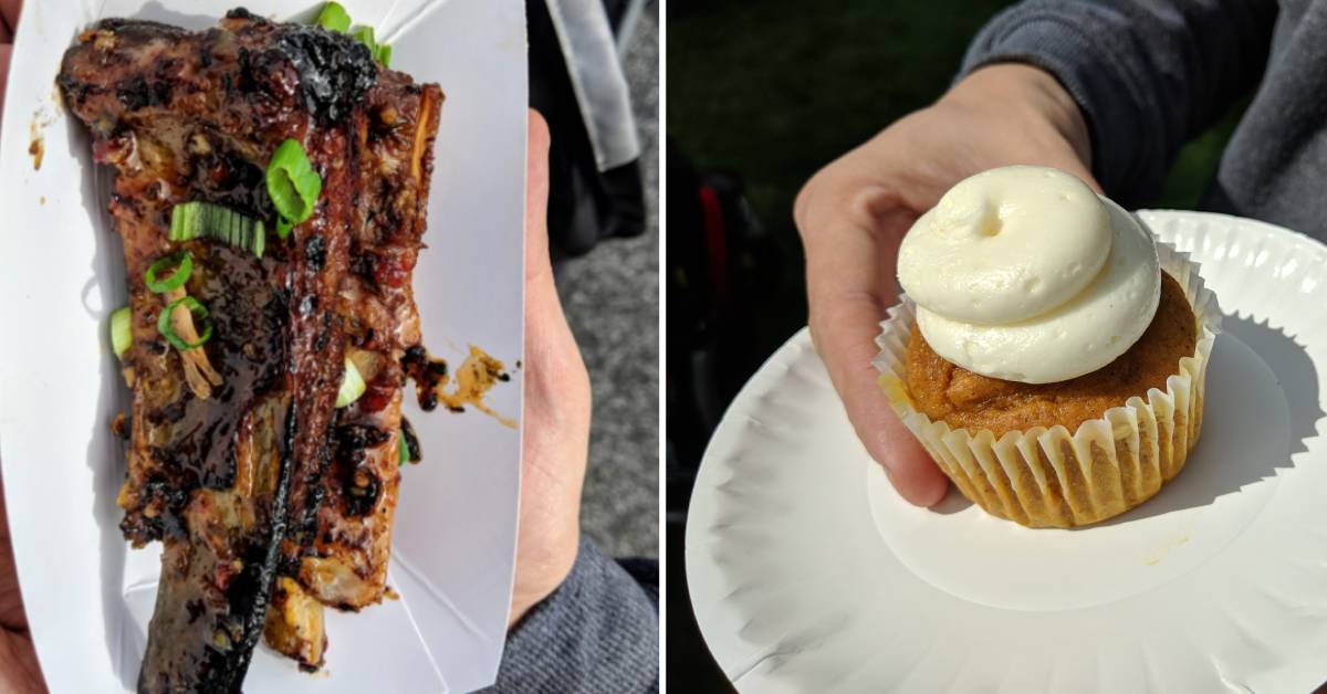 ribs on the left, cupcake with white frosting on the right