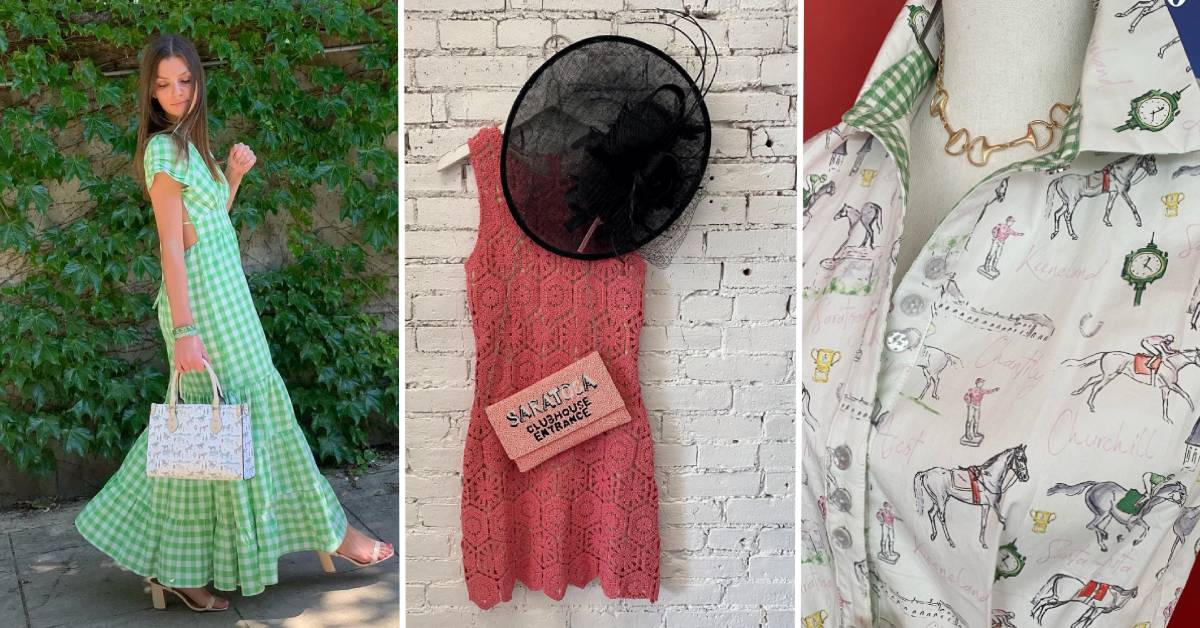 image split in three of woman with purse and green dress, dress and hat and clutch hanging that says Saratoga Clubhouse entrance, and a horse-themed shirt