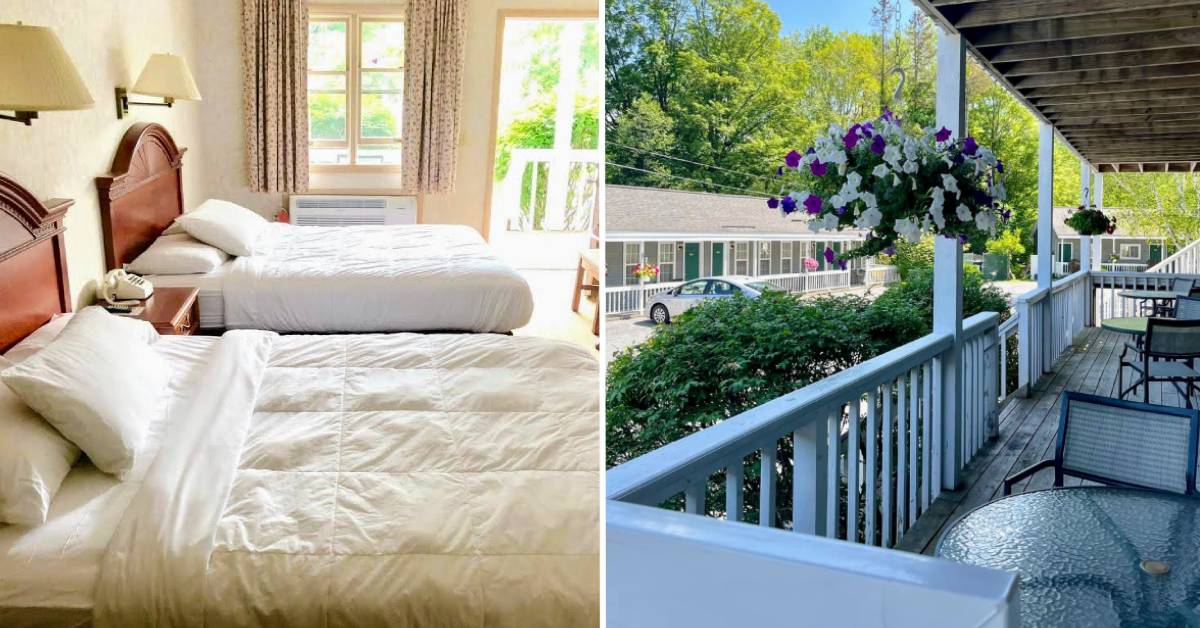 two beds on left, patio on the right