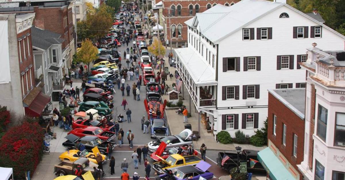 aerial view of a car show