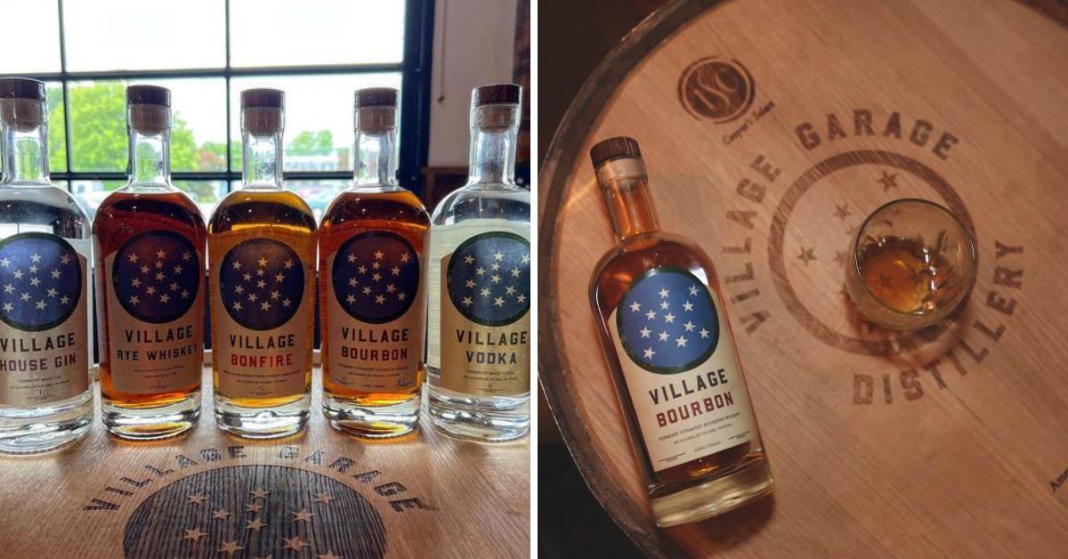 left image of bottles of craft spirits and right image of village bourbon and a drink glass on a barrel