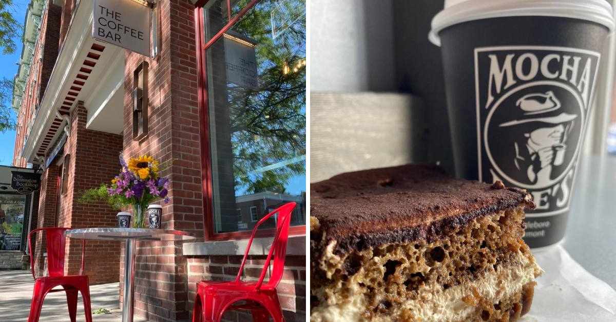 left image of an outdoor coffee shop seating area and right image of a coffee cup and baked good