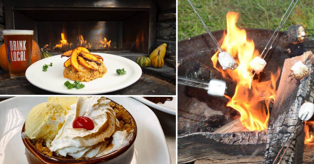 collage with fall food on left and campfire with roasted marshmallows on right