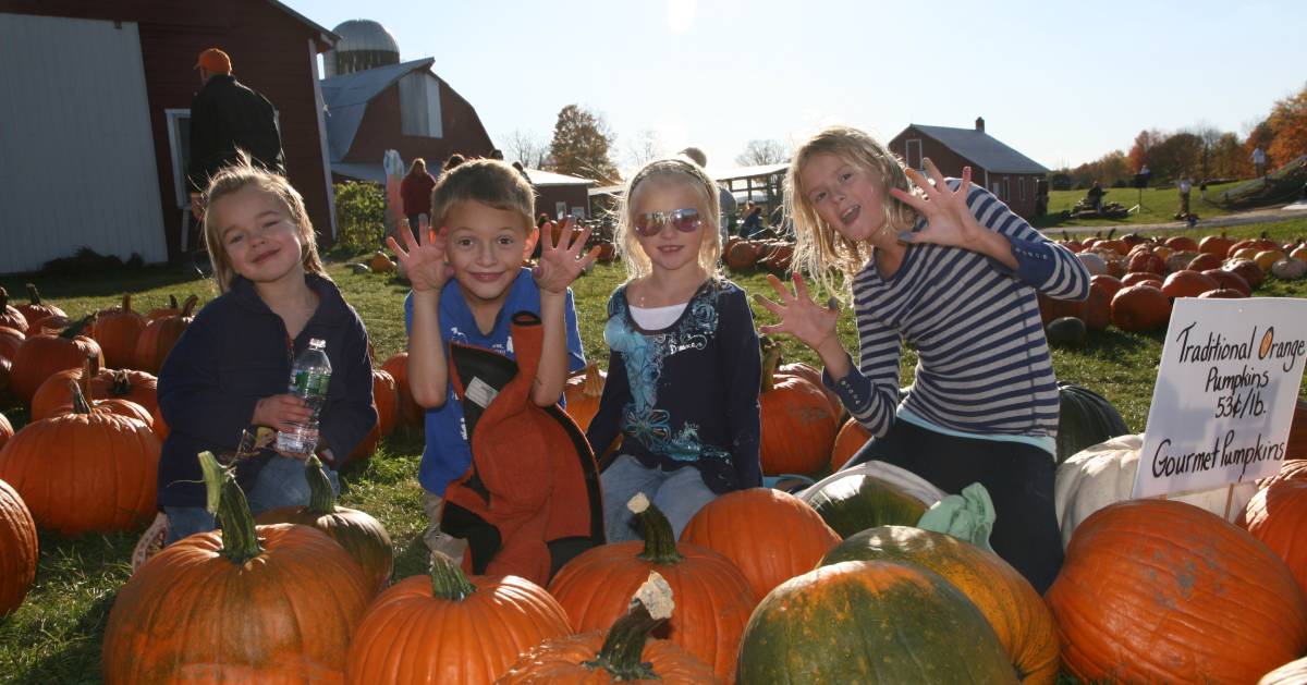 four kids sitting in front of pumpkins