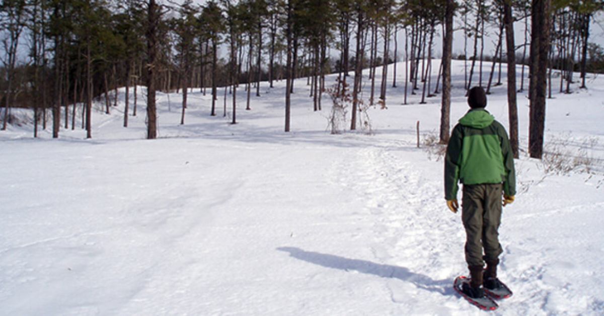 man snowshoeing at the pine barrens 