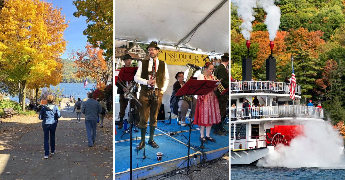 image split in three of people walking down to lake in fall, German band, and steamboat cruise in fall