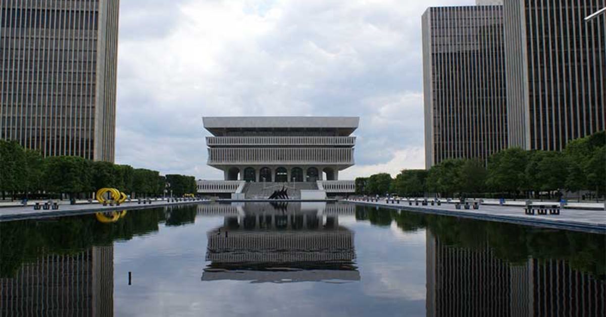 exterior of the new york state museum on a cloudy day