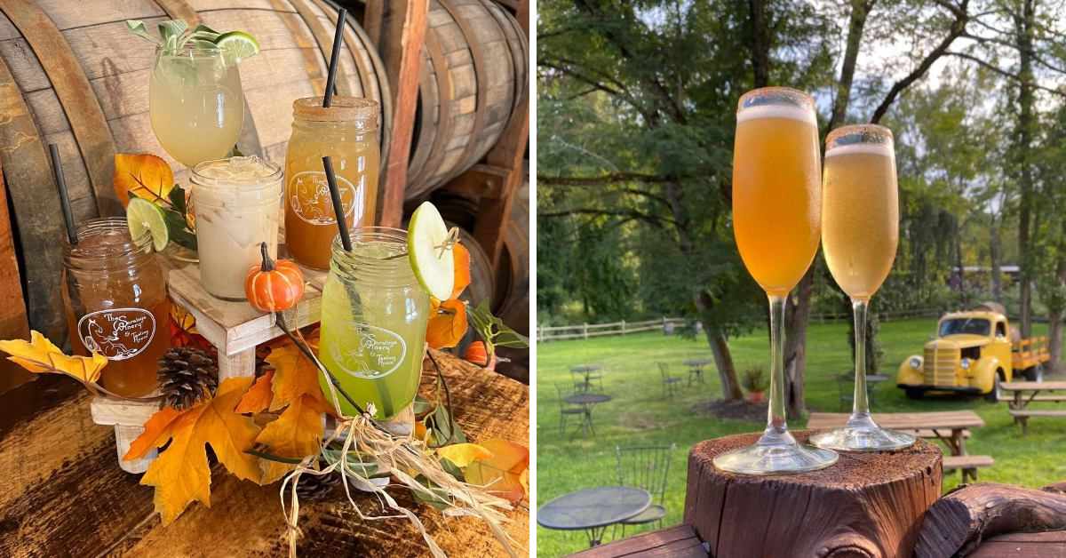 left image of fall cocktails by a barrel and right image of two cider glasses on a fencepost