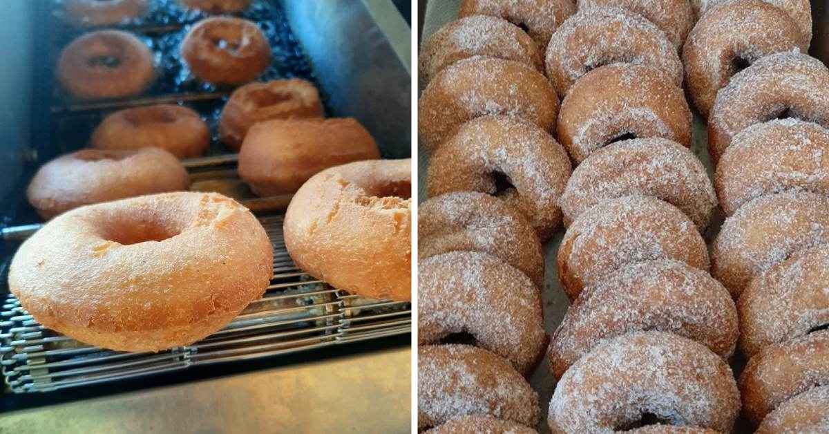 left image of cider donuts being fried and right image of donuts with sugar on display