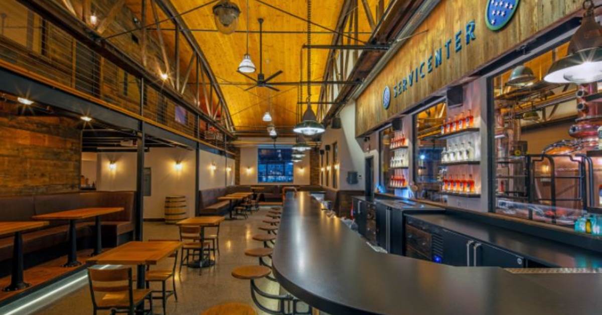 a restaurant and bar with industrial decor