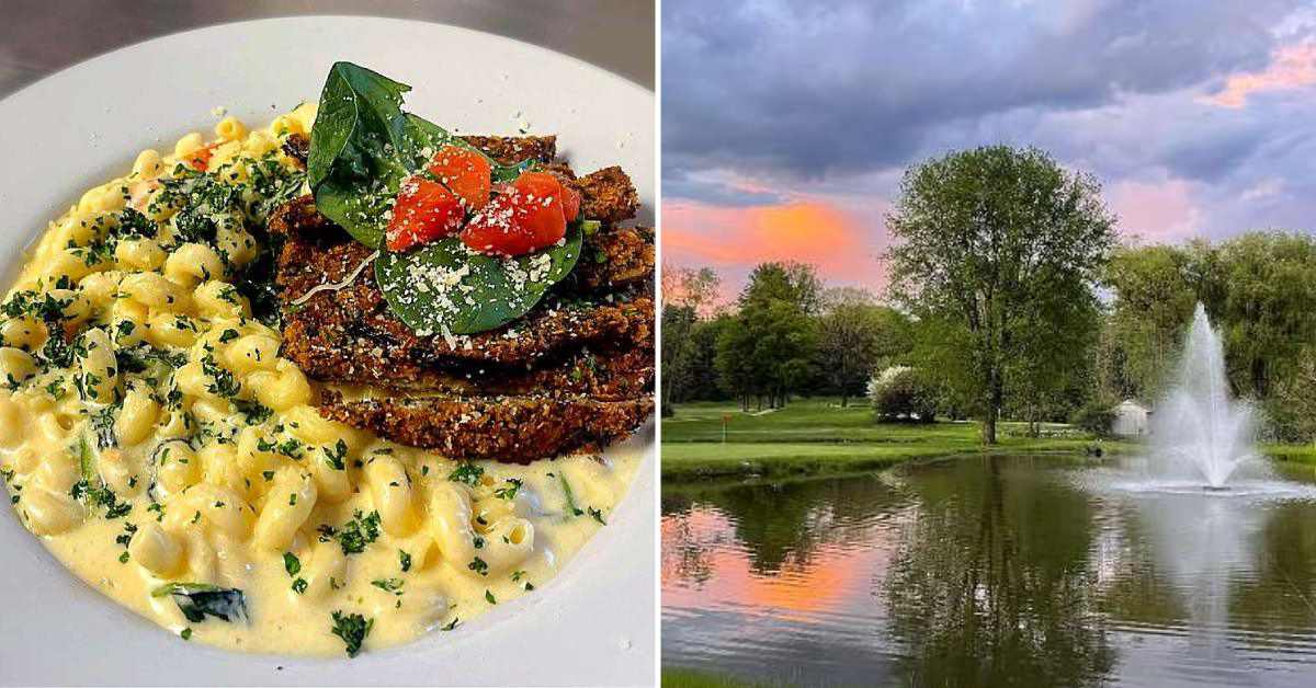 split image. pasta dish on the left. pond with a fountain and sunset on the right.
