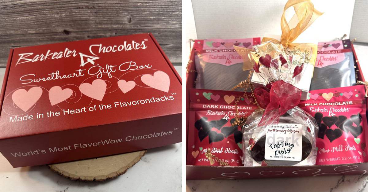 left image of Barkeater Chocolates Sweetheart Gift Box and right image of an open chocolate gift box