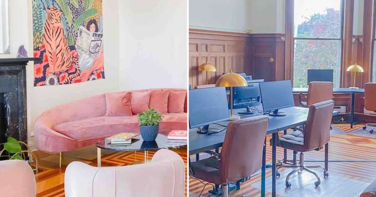 split image; pink velvet couch and chairs on the left, open working space with desks and leather chairs on the right