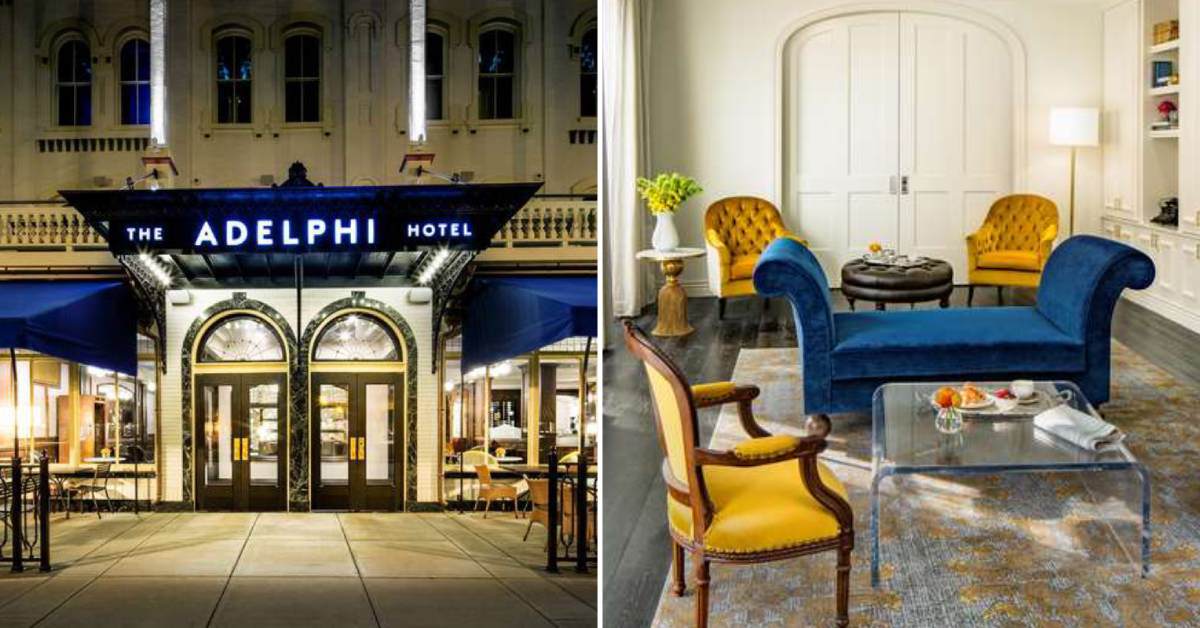 split image. on the left is the exterior of the Adelphi Hotel. on the right is a luxe sitting room