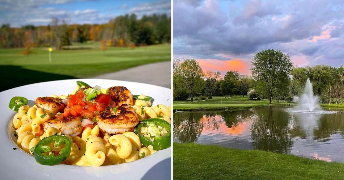 split image; plate of pasta on the left with shrimp and jalapenos, beautiful golf course pond and sunset on the right