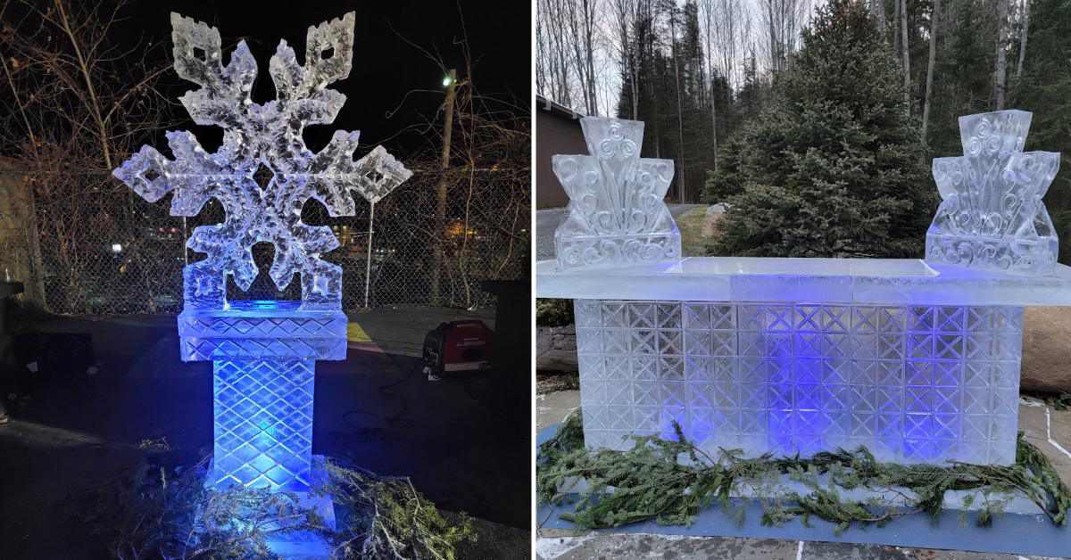 split image, snowflake ice sculpture on the left, ice bar on the right, both lit with blue light