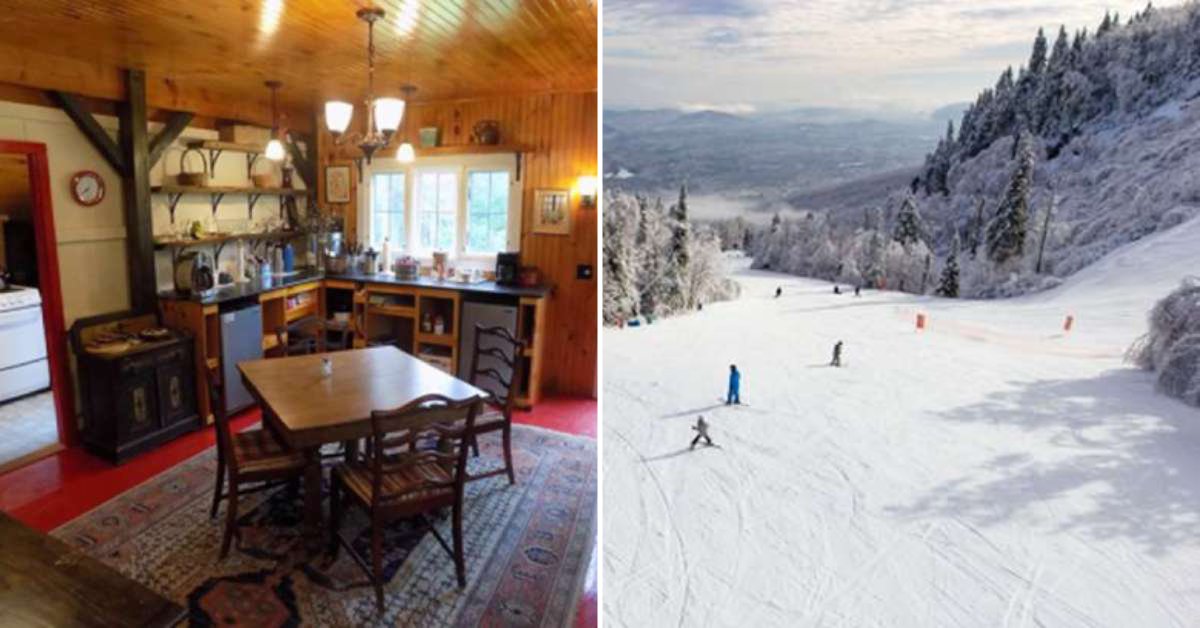split image. on the left is inside of a cabin with a table in the center of the room. on the right is a ski slope with skiers going down