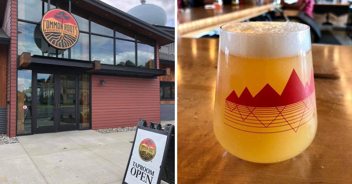 left image of the Common Roots brewery entrance and right image of a glass of beer on a counter