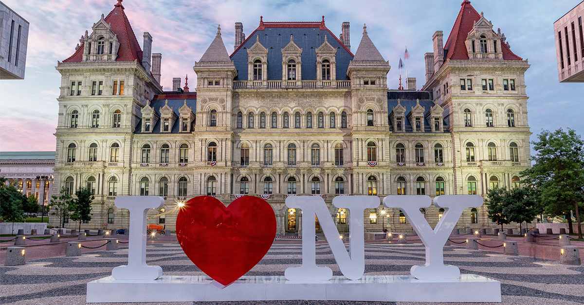 New york state capitol building with i love ny sign in front of it