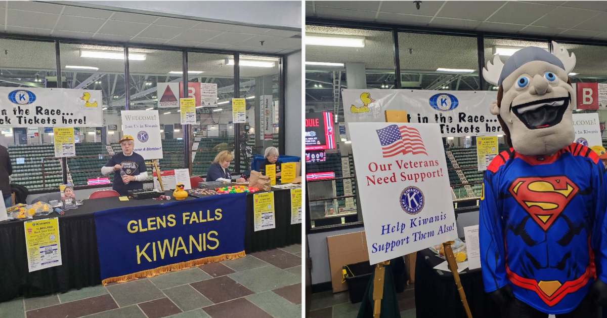 split image with Kiwanis club booth on the left and thunder mascot on the right