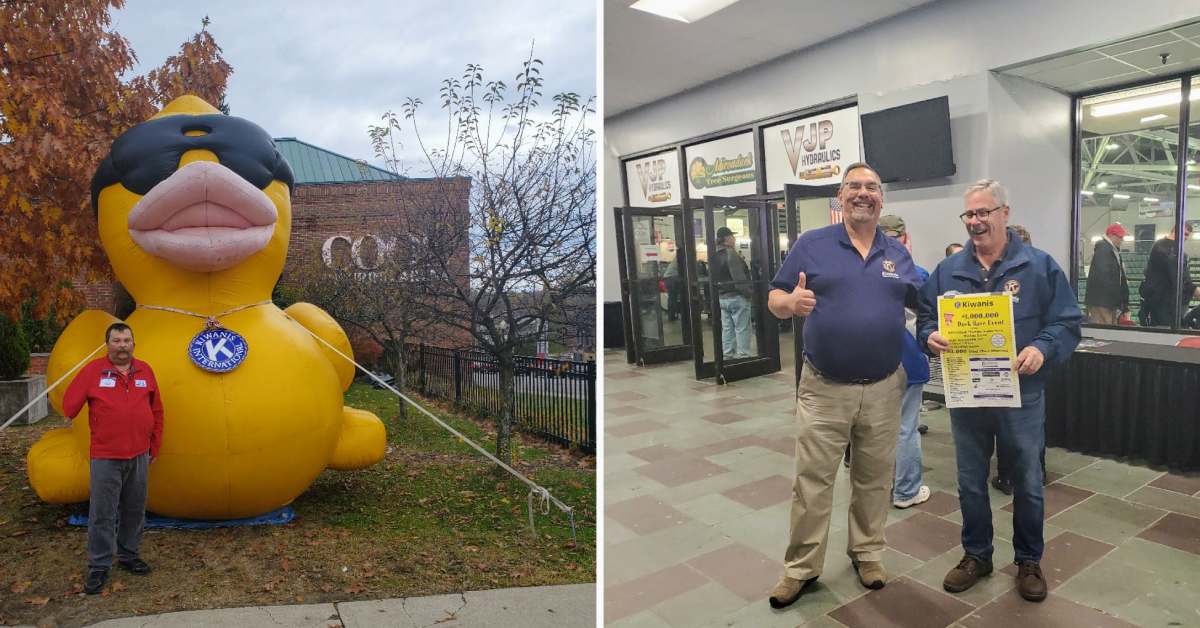 split image with man standing next to giant duck on left, and and two men posing with poster on the right