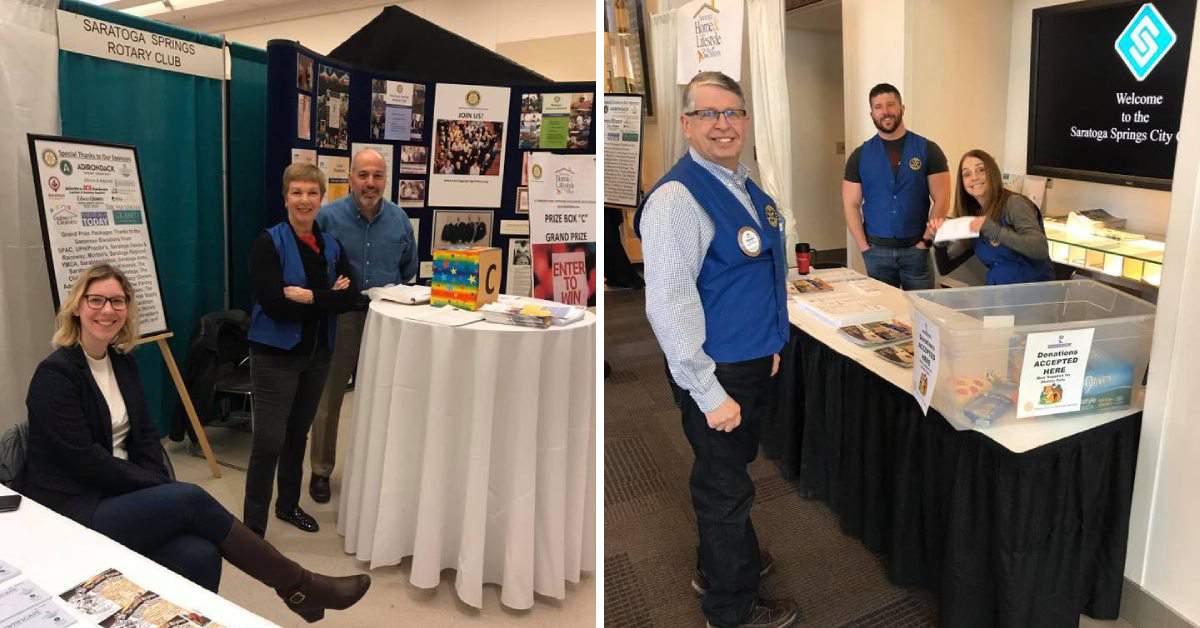 two photos of rotary club members at tables