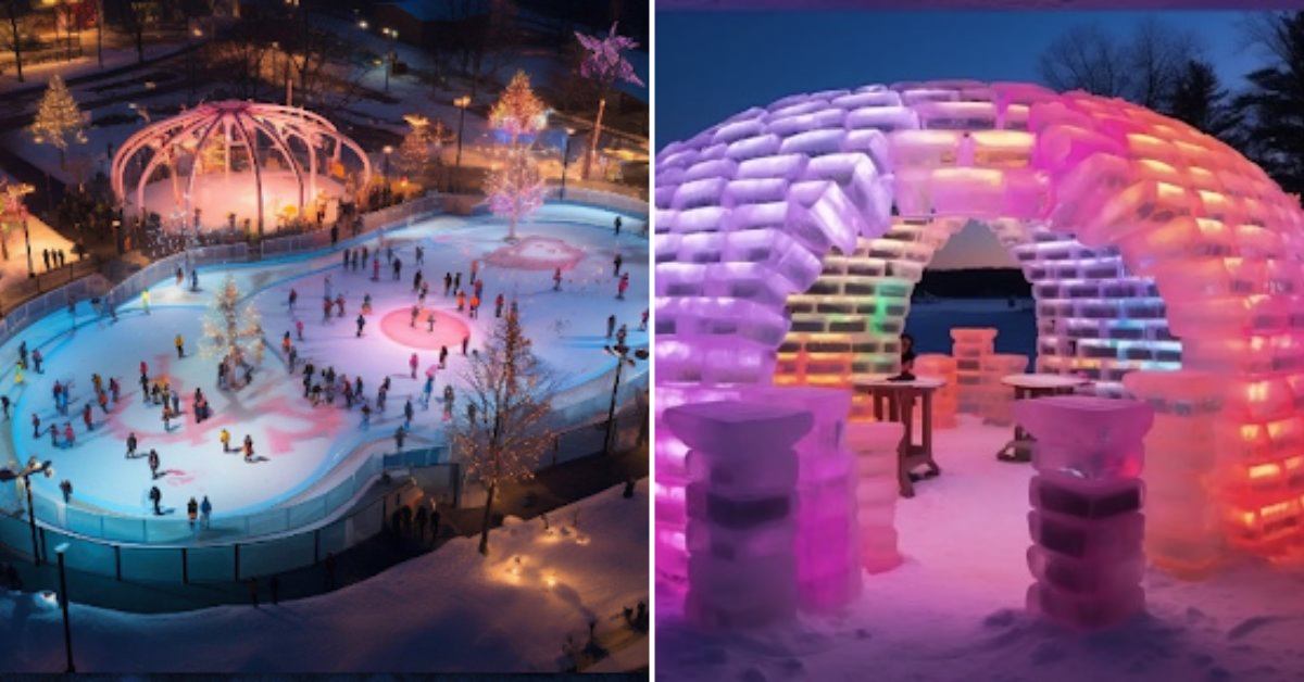 split image. on left is rendering of an ice skating rink. on right is rendering of a lit-up igloo with tables and chairs inside.