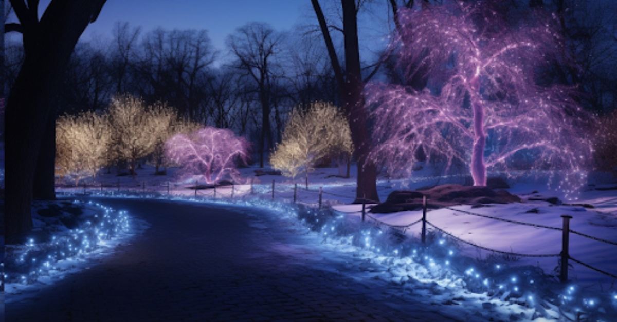 colorful lights on trees in a winter landscape during the night
