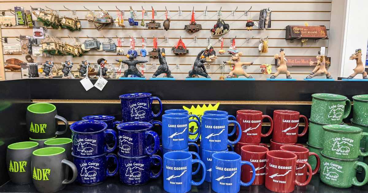 Adirondack themed mugs and ornaments on display