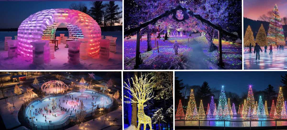 collage of photos of winter attractions and displays with colorful lights