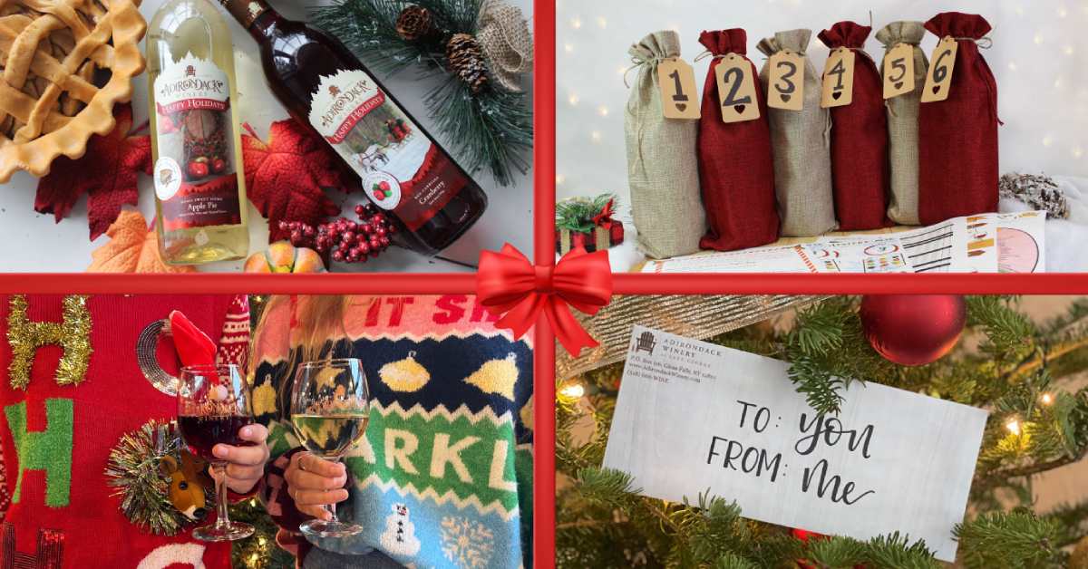 collage of images of wine bottles, wrapped wine bottles, wine glasses, & an envelope