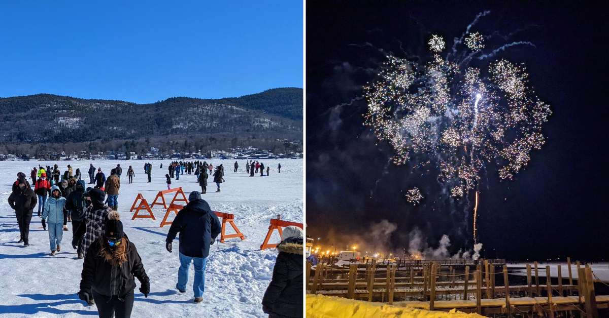 split image. on left is lake george winter carnival. on right is fireworks over lake george