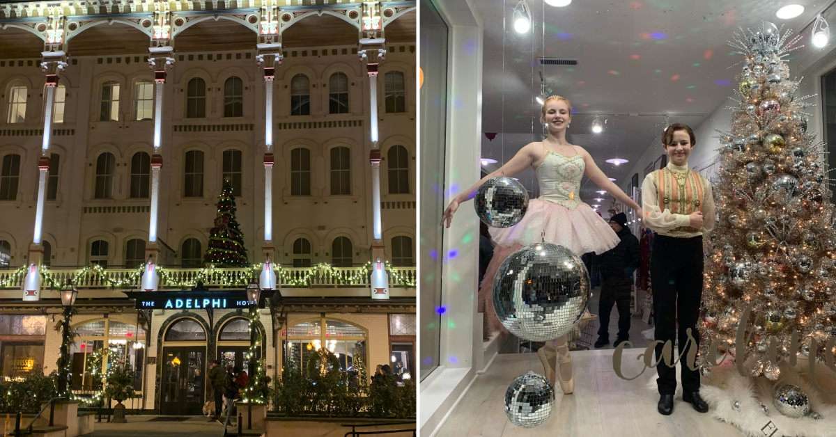 split image. on left is exterior of the adelphi hotel at christmas. on right is human mannequins posing in a storefront