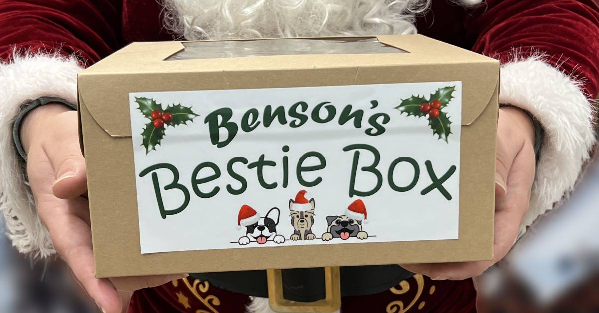 Santa holding a Benson's Bestie Box