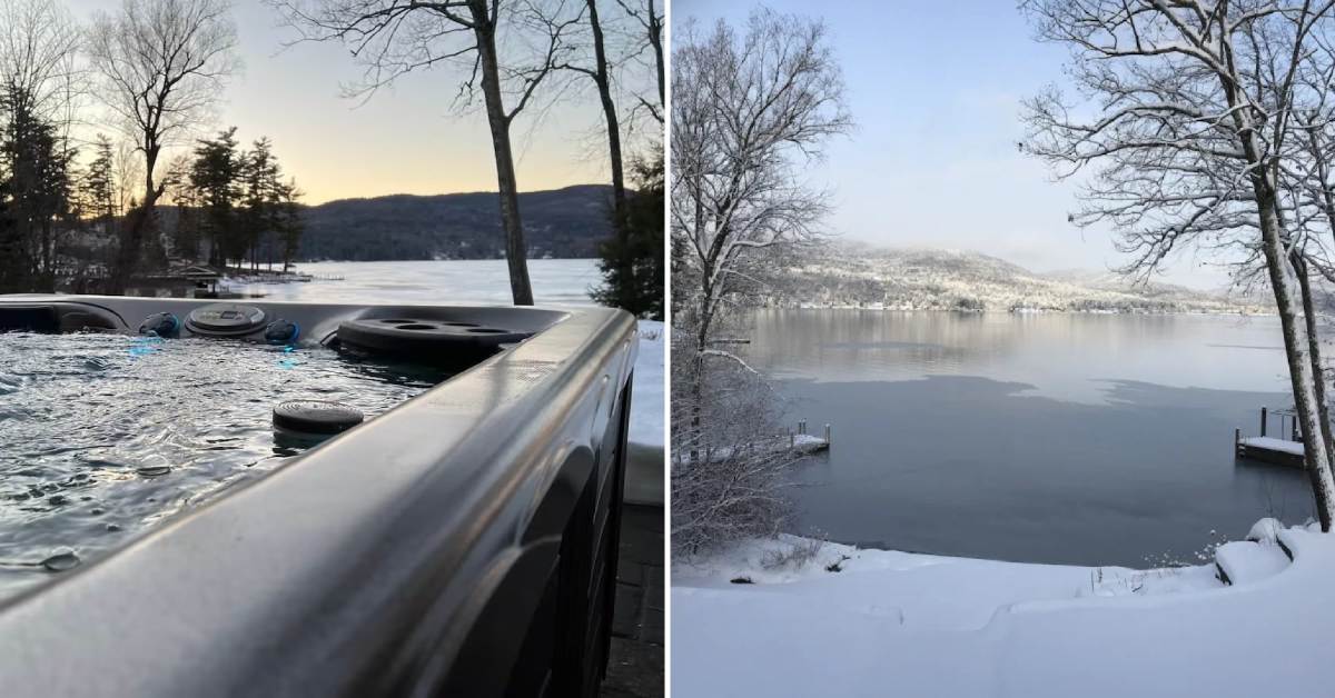 split image. on left is hottub overlooking a frozen lake. on right is view of frozen lake george