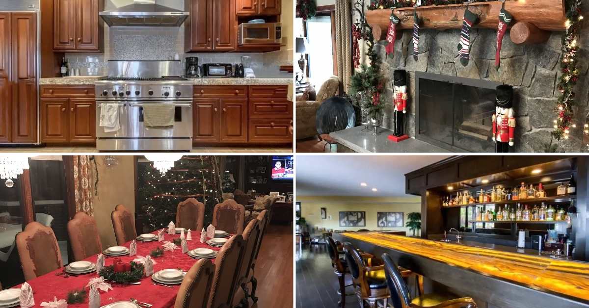 collage of images of a kitchen, a decorated fireplace, a decorated dining table, and a bar
