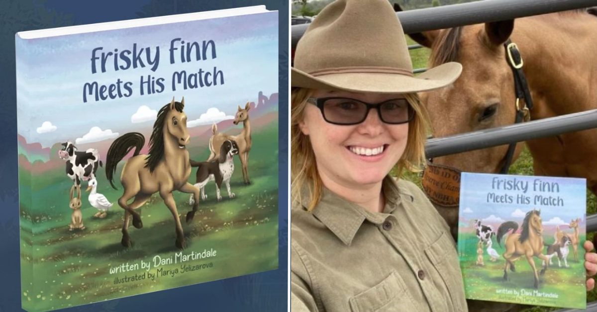 frisky finn meets his match book, woman in hat holds up book by horse