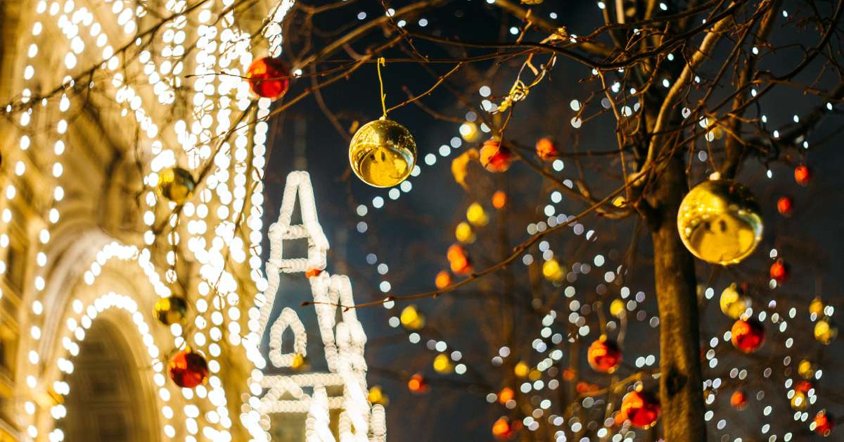 tree with red and gold ornaments on it and lights in the background