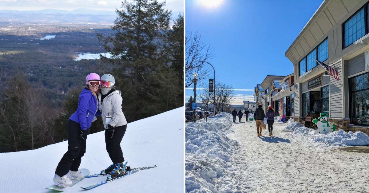 split image. on left is two girls snowboarding. on right is lake george village in the winter