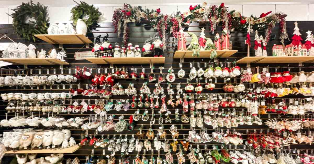 christmas ornaments on display in a store