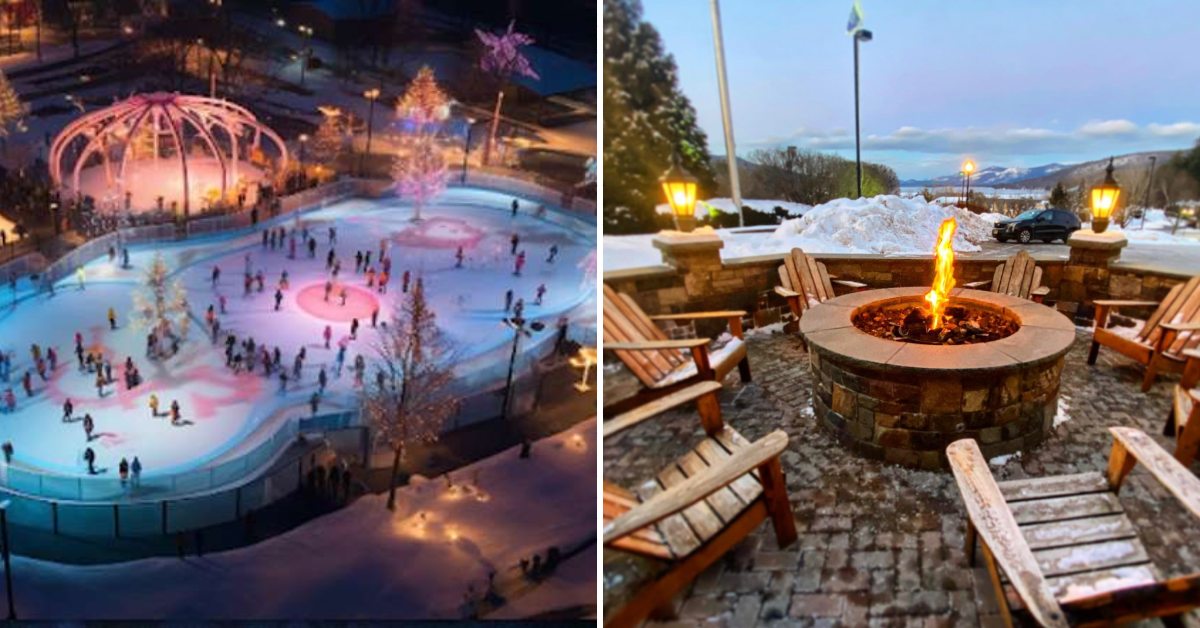 left image of ice skating rink; right image of outdoor fire pit patio