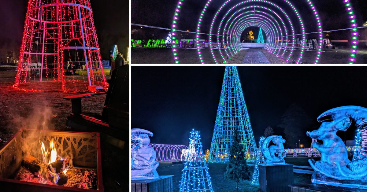 collage with holiday lights, ice sculptures, and fire pit