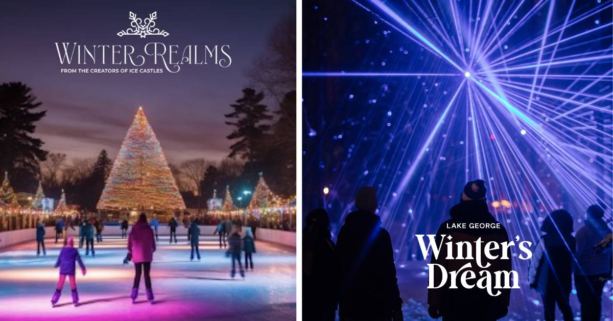 left image of Winter Realms ice skating rink attraction and right image of Lake George Winter's Dream logo and lights show photo
