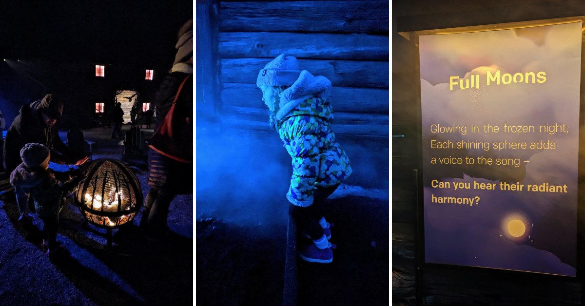 fire pit, toddler girl looking into flog with blue light, sign about full moons