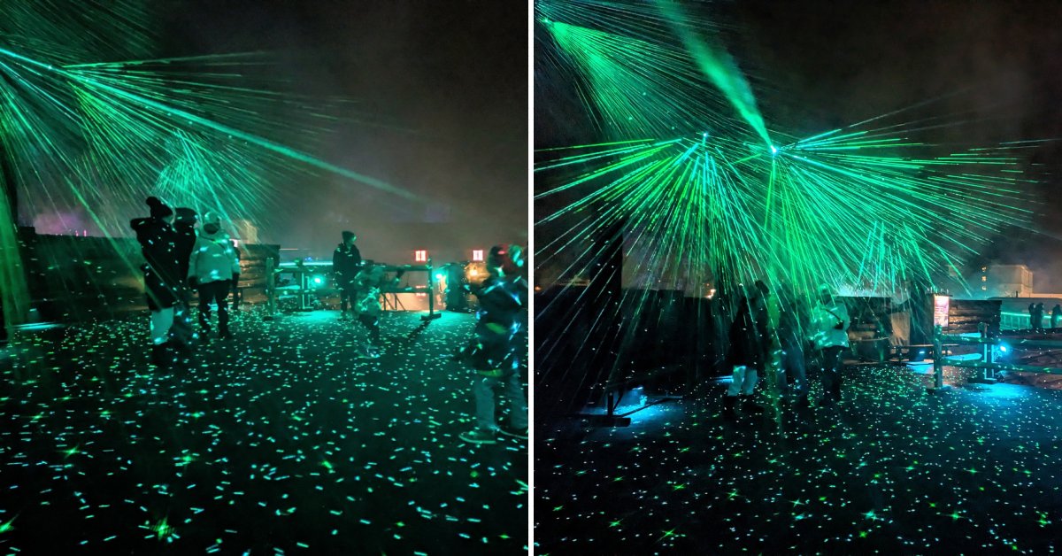 side by side photos of green light display at lake george winter's dream