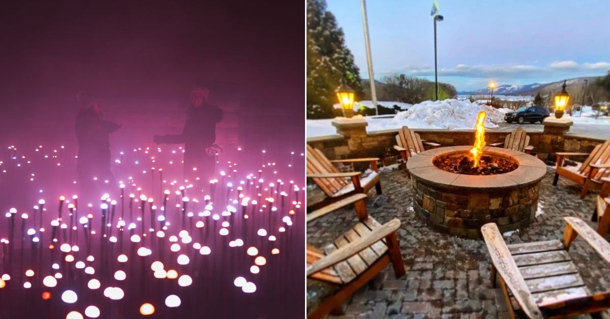 left image of people walking around a light display; right image of outdoor fire pit patio