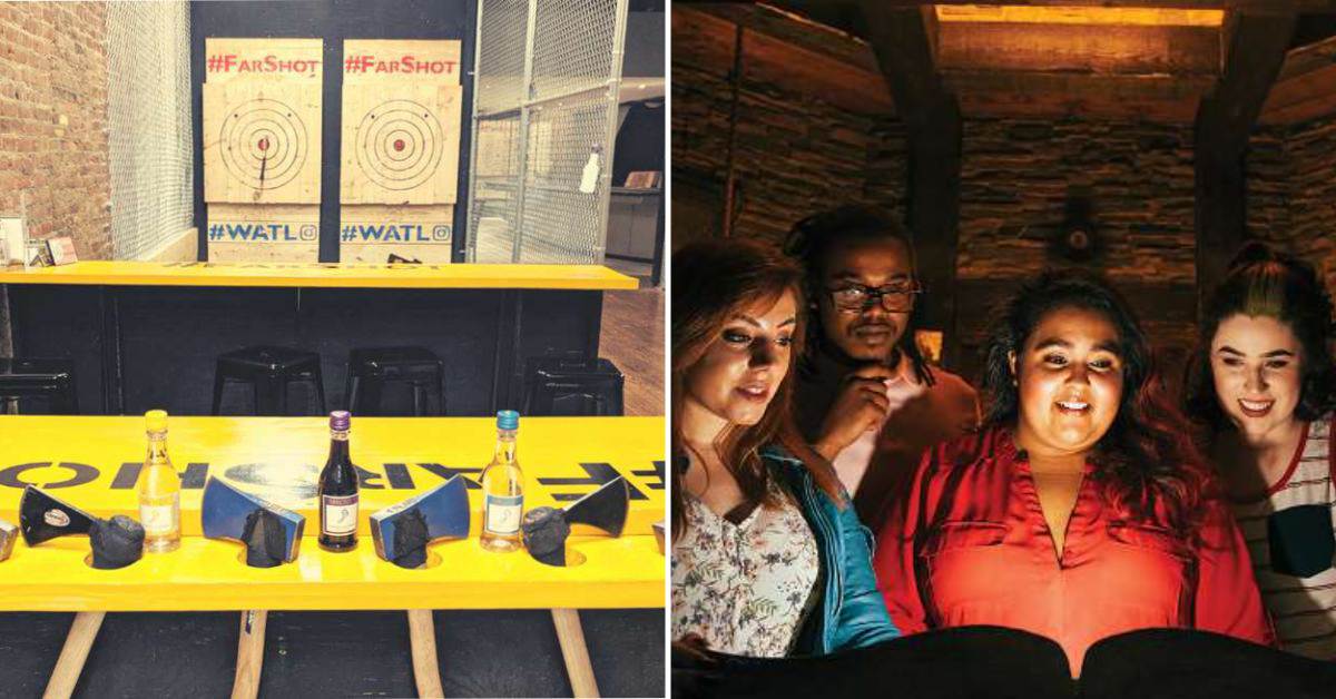 split image. on the left is an axe throwing alley with wine. on the right is a group of people looking at a lit up book