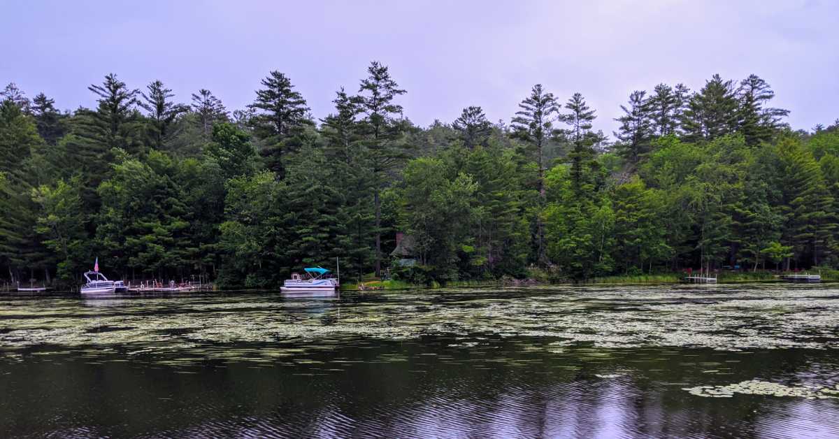 lake on a cloudy day with trees behind it and two boats in the water